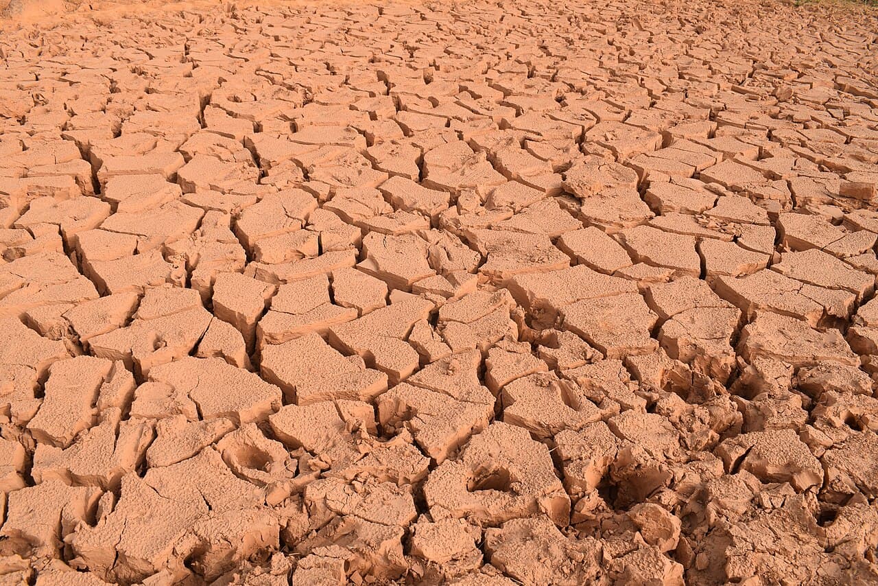 Mud cracking found in hot dry climate where a clayey soil has been saturated with water after rainfall in Vom, Plateau State, Nigeria.